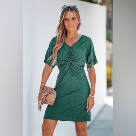 NWT CUPSHE M V-Neck Mini Dress Short Sleeves Twisted Front Dresses Casual Summer - Picture 5 of 12